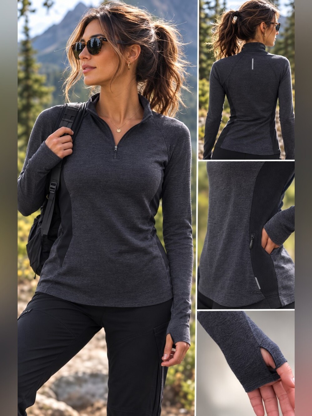REI Co-op 1/4 Zip Pullover Women’s XS Gray Performance Thumbholes Athletic Top